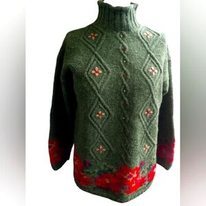LL Bean Holiday Size S Green & Red Pure Wool Sweater